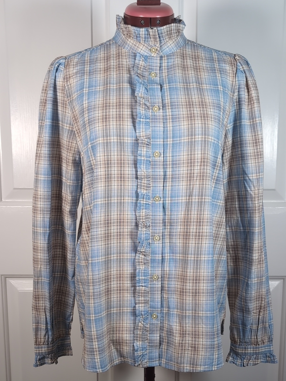 Vintage Style LOFT Plaid Button Down Blouse Blue Tan Cottagecore Tartan Top S